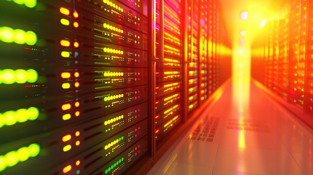 Un corredor de bastidores de servidores iluminados en un centro de datos que destaca la infraestructura tecnológica