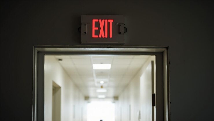 Foto corredor brillante con señal de salida por encima de la puerta