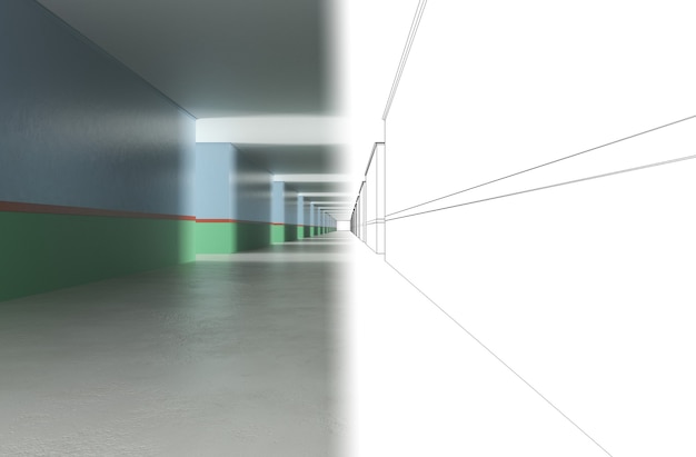 corredor comprido com portas de visualização interior ilustração 3D