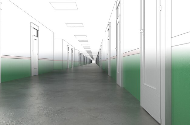corredor comprido com portas de visualização interior ilustração 3D