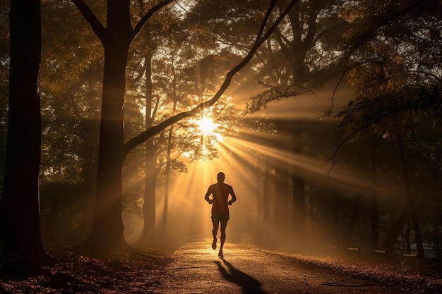 Un corredor corre por un bosque al atardecer.