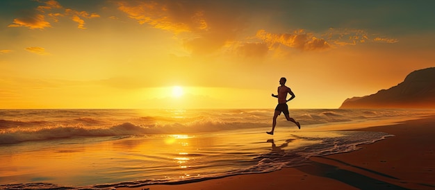 Corredor corriendo en una playa soleada al amanecer con espacio para texto Hombre saltando y copiando banner espacial