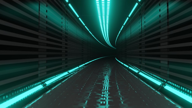 Corredor cósmico futurista con luces láser verdes perfecto para papeles de pared de ciencia ficción