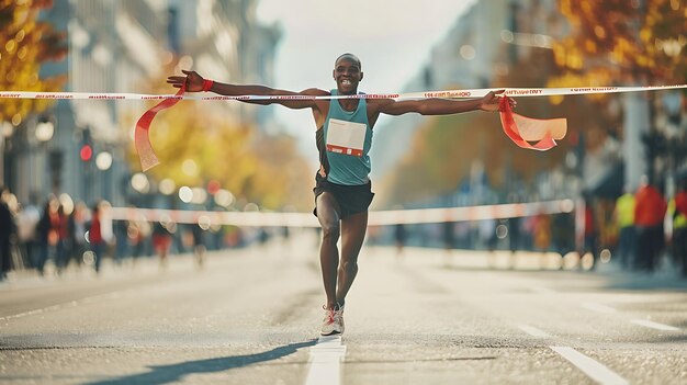 Un corredor cruza la línea de meta de un maratón