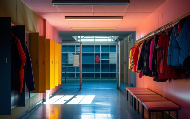 Foto corredor da escola colorido com armários um banco e casacos pendurados iluminados por luz natural e artificial