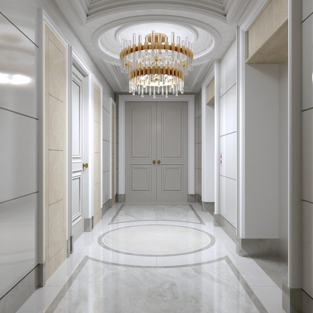 Corredor de entrada clássico com paredes brancas e portas com piso de mármore e ouriço