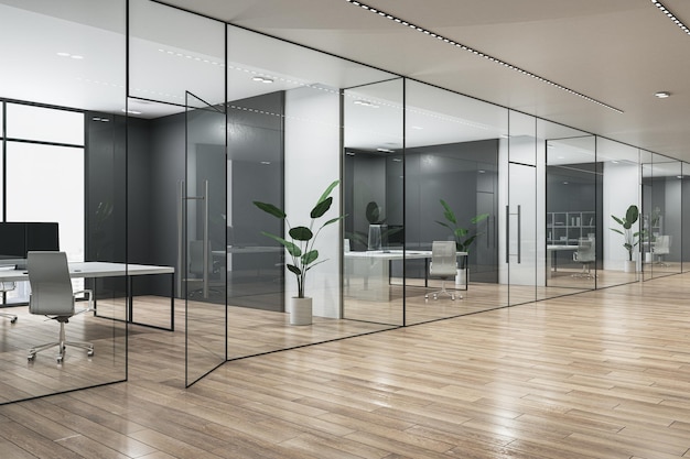 Corredor de escritório de vidro limpo com móveis e renderização em 3D de piso de madeira