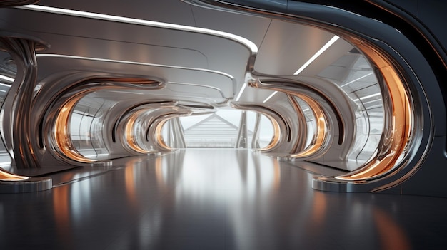 corredor de escritório futurista com arquitetura metálica