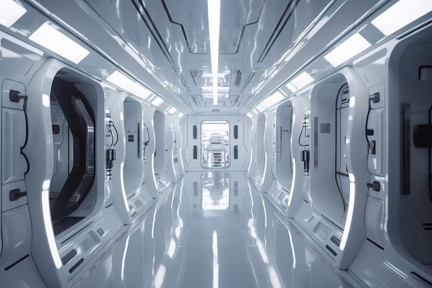 Corredor de ficção científica de design bonito em uma nave espacial ou estrutura futurista com paredes reflexivas brilhantes e vidro transparente Generative Ai