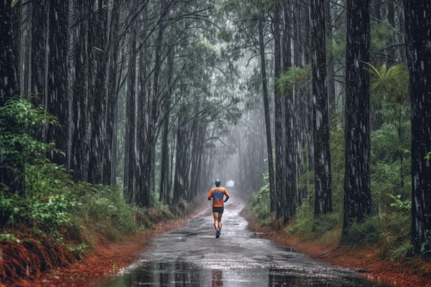 Corredor de homem com jaqueta esportiva corre na trilha da floresta na chuva vista traseira Ilustração generativa de IA