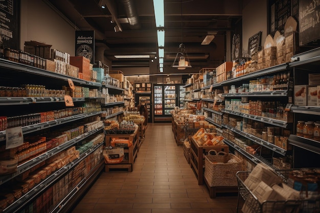 Corredor de mercearia repleto de lanches saudáveis, bebidas e refeições prontas para veganos