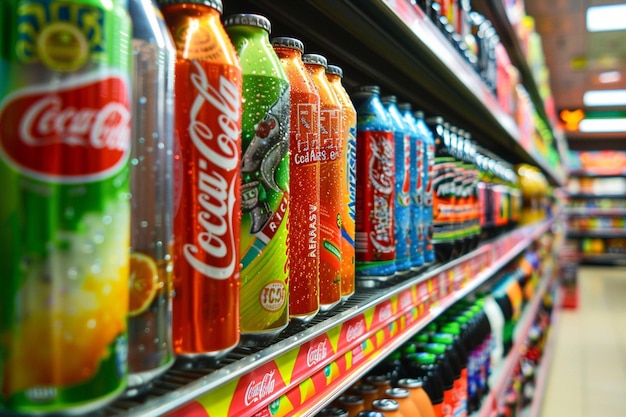 Foto corredor de refrigerantes coloridos em um shopping com coca-cola e monster energyxa