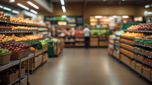 Foto corredor de supermercado com frutas e legumes fundo desfocado profundidade de foco rasa