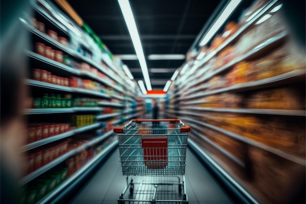 Foto corredor de supermercado turva com carrinho de compras vermelho vazio generative ai