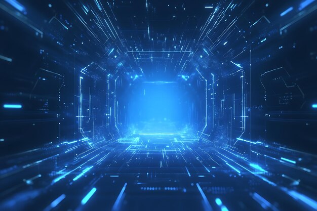 Corredor digital azul futurista con líneas brillantes y elementos tecnológicos abstractos