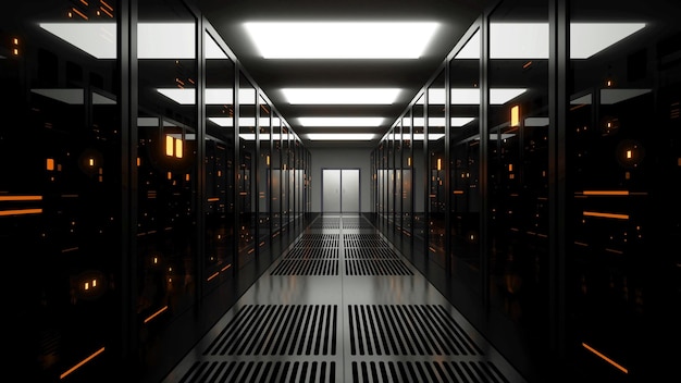 Foto corredor do centro de dados da sala do servidor com luzes amarelas