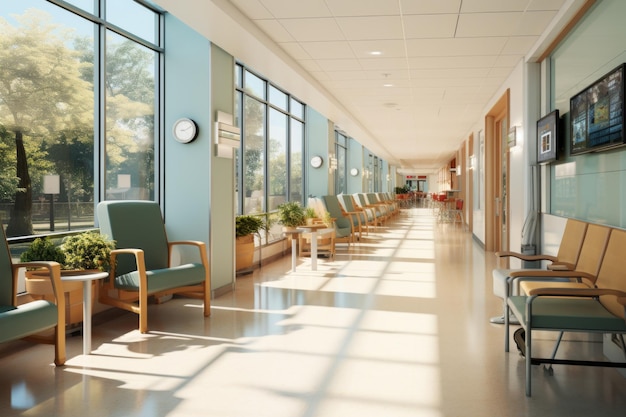 Corredor do hospital com grandes janelas e cadeiras verdes