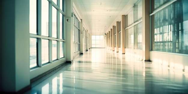 Corredor do hospital com janelas e piso interior branco