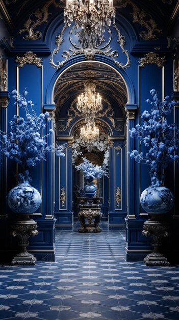 Corredor do palácio azul e dourado com vasos de porcelana azul e branca e flores azuis