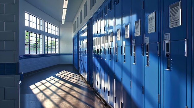 Corredor de la escuela brillante y soleado con filas de casilleros azules luz que fluye a través de las ventanas pasillo vacío esperando a los estudiantes Capturar la esencia de la educación perfecto para temas académicos IA