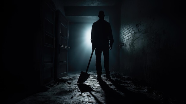 Foto corredor escuro com homem segurando machado cria cenas de assassinato aterrorizantes
