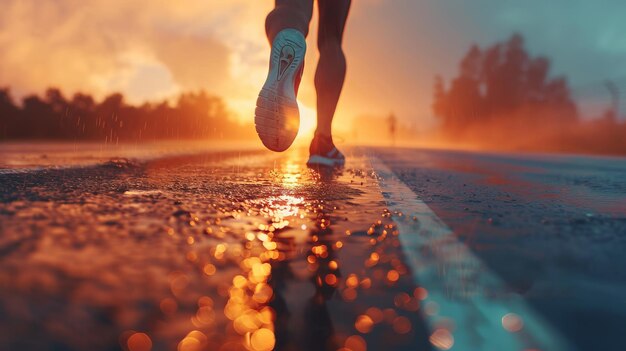 Un corredor está corriendo en un camino mojado con el sol poniéndose en el fondo