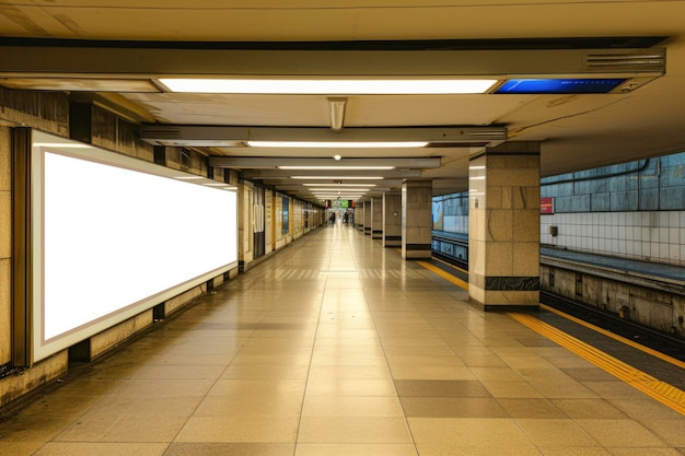 Corredor de la estación de metro con cartel en blanco para la maqueta de publicidad