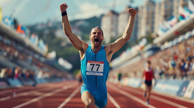 Un corredor extasiado cruza la línea de meta en primer lugar durante un evento de atletismo en los juegos olímpicos