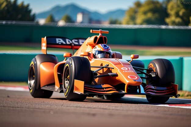 Corredor de F1 que conduce el coche de fórmula para el fondo del papel pintado de la competencia de carreras profesional del coche de combustible