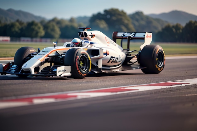 Foto corredor de f1 que conduce el coche de fórmula para el fondo del papel pintado de la competencia de carreras profesional del coche de combustible