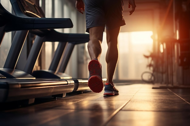 Corredor focado em treino de fitness na esteira no ginásio AI