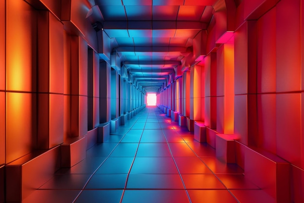 Foto corredor futurista de ciencia ficción con luces de neón azules y rojas