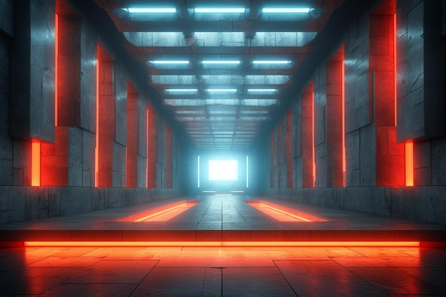 Corredor futurista de renderização 3D com luzes de néon brilhantes Scifi interior