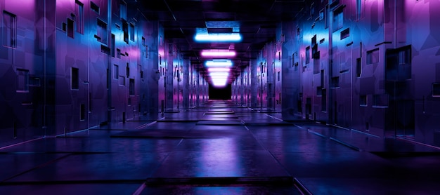Corredor futurista Fundo futurista Fondo tecnológico Corredor de túnel para o seu produto Hangar Garagem Sala de exposições metálicas Neon Laser Led luzes 3D Rendering