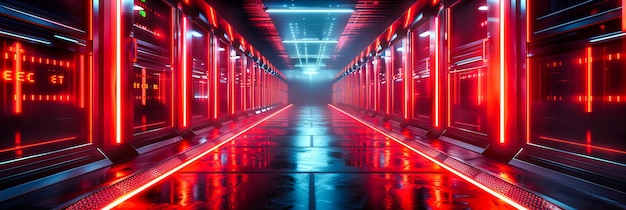 Corredor futurista iluminado Un moderno túnel iluminado con neón que encarna la convergencia de la tecnología y el diseño