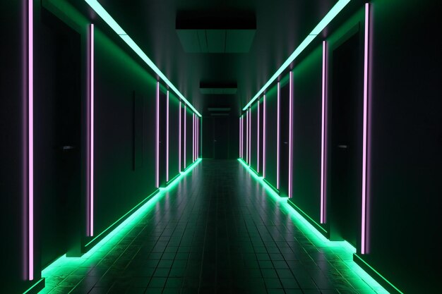 Corredor futurista con luces de neón brillantes