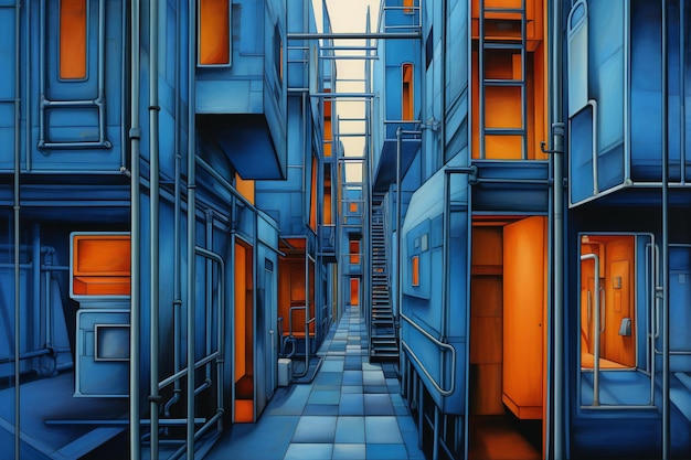Foto un corredor futurista con puertas azules y naranjas