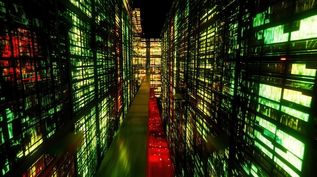 Corredor futurista de la sala de servidores con paneles de datos verdes y rojos brillantes