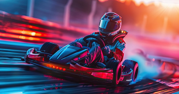 Un corredor de gokart con equipo de carreras sentado en un gokart en una pista de carreras de fondo de color sólido fotorrealista