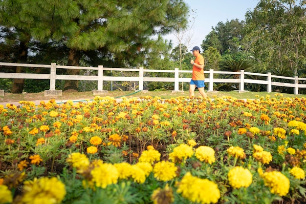 Corredor de hombre trotando en un parque con flores amarillas