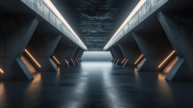 Corredor de hormigón futurista fondo garaje oscuro o pasillo con paredes grises y luz LED dentro del almacén o habitación de un edificio moderno Concepto de pasillo sala futura interior skifi