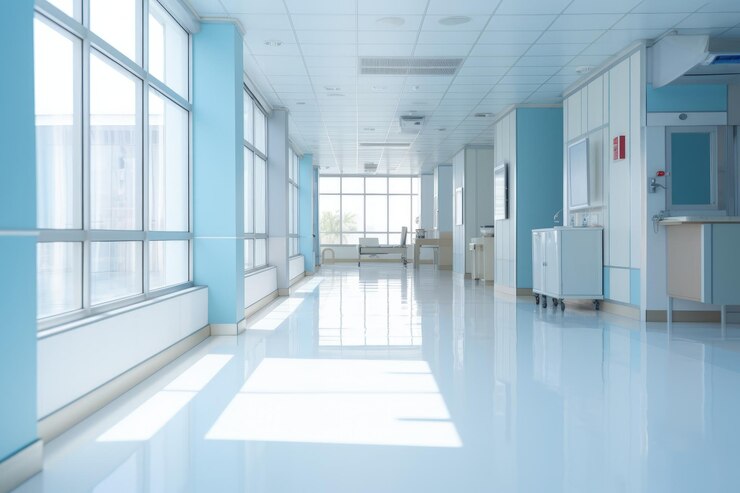 Corredor de hospital vacío de serenidad clínica con fondo de habitación