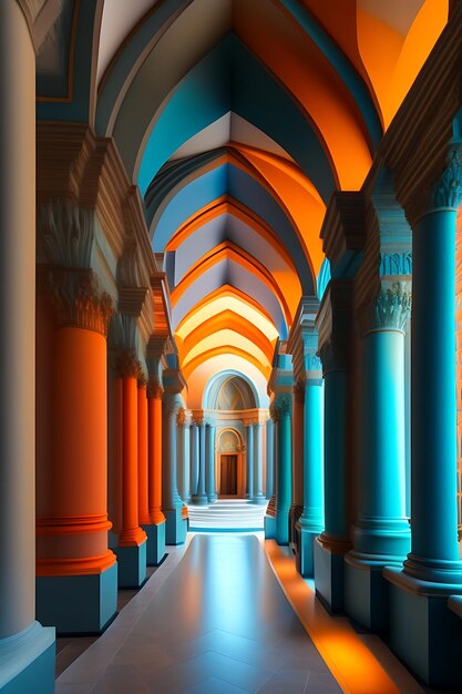 corredor de la iglesia Arco Pasillo largo Columnas arquitectónicas Cloi de iluminación verde azulado y naranja