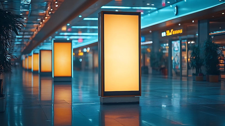 Un corredor iluminado moderno con una exhibición brillante se encuentra en una zona comercial