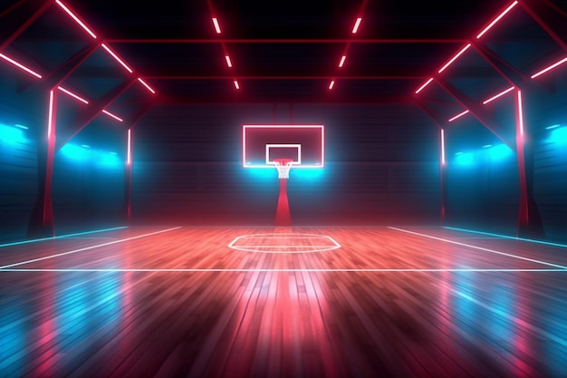 Corredor interior azul salón vacío fondo de neón juego de baloncesto arena interior brillante IA generativa