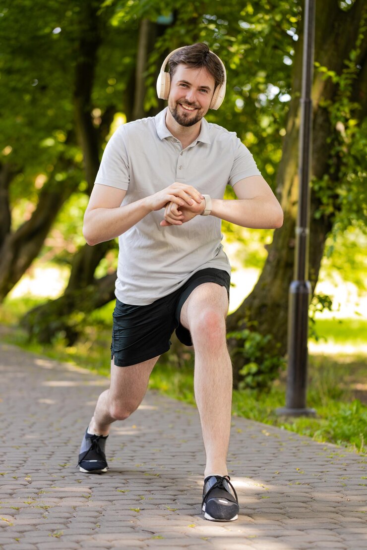 Foto corredor jogger homem começando temporizador de relógio inteligente e correndo verificando monitor de frequência cardíaca antes de correr