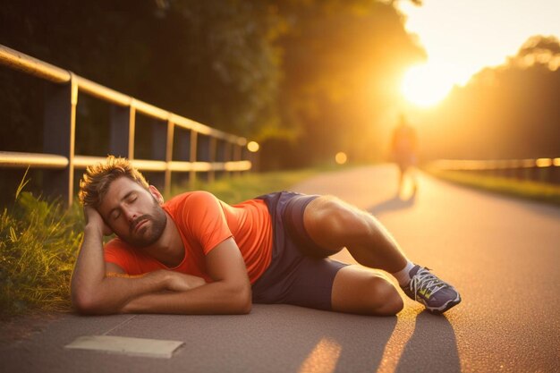 un corredor joven cansado tomando un descanso después de correr duro en el parque
