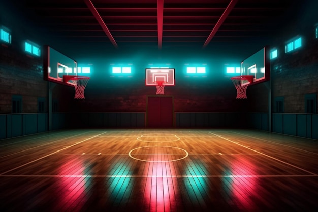 Corredor juego nocturno fondo arena color neón baloncesto sala interior interior vacío IA generativa