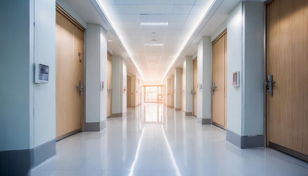 Foto corredor largo y vacío azul borroso clínica o hospital moderno concepto de medicina y atención médica