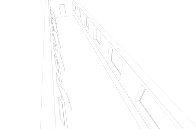 Corredor longo com contorno de portas para visualização de ilustração 3D esboço esboço